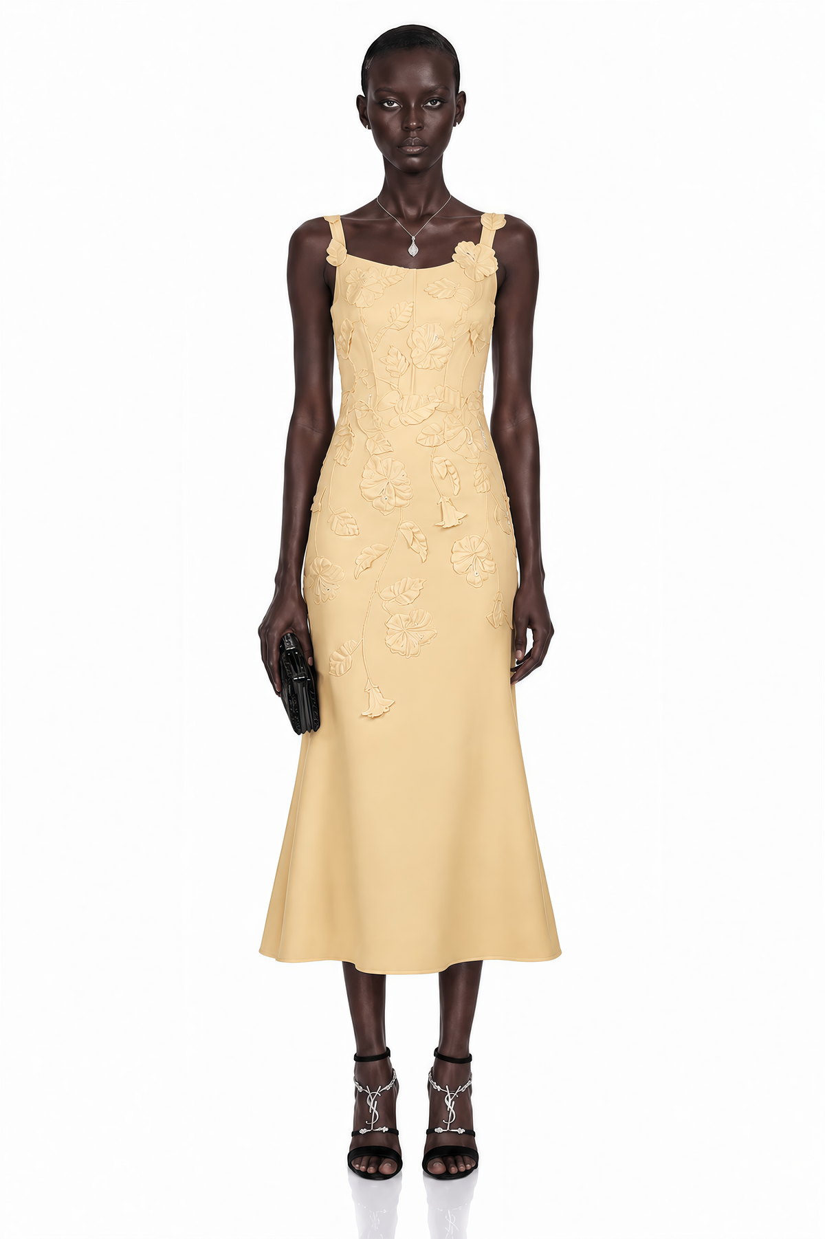 Ximena Yellow Floral Applique Fishtail Midi Dress