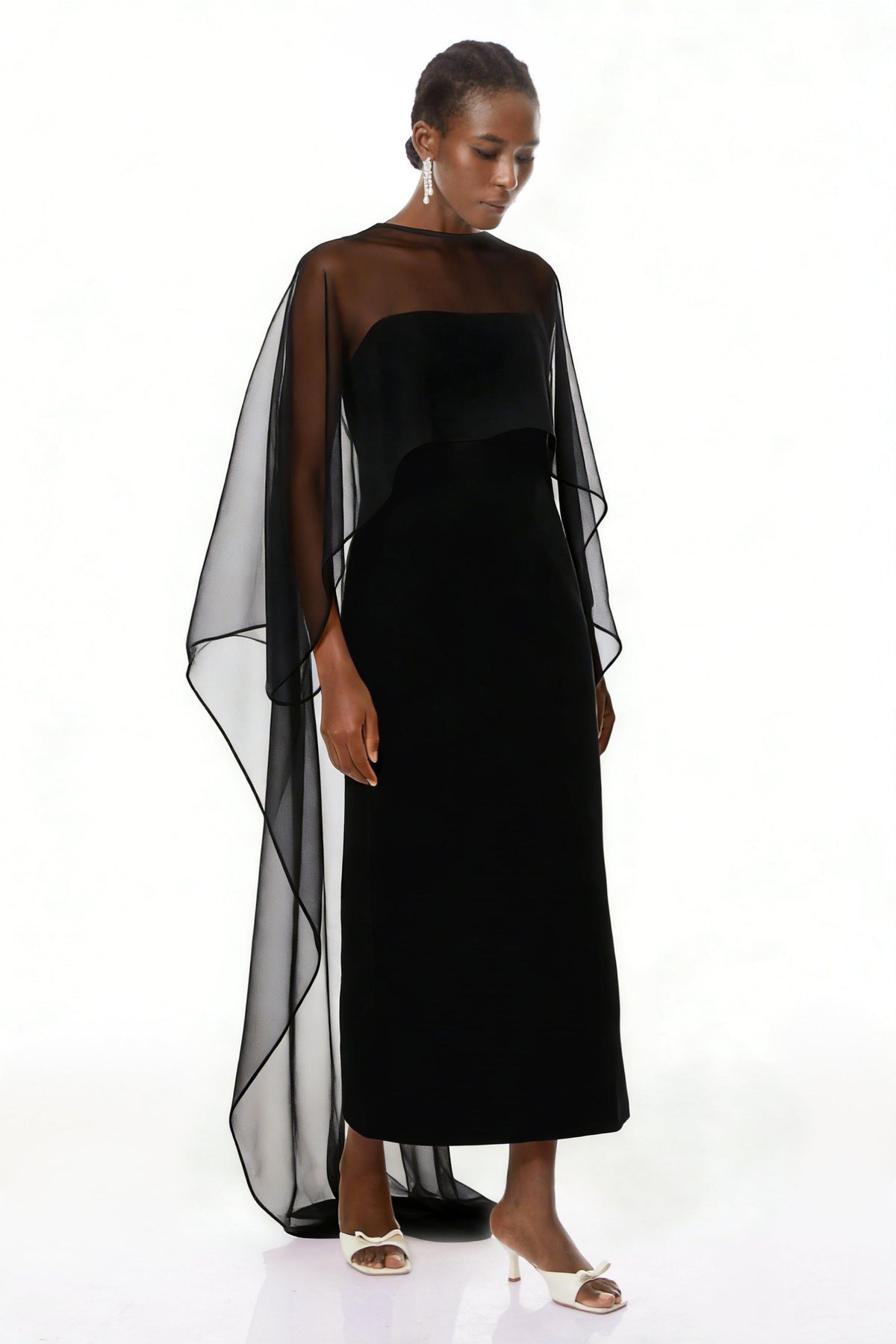 Xiomara Black Cape Design Satin Maxi Dress