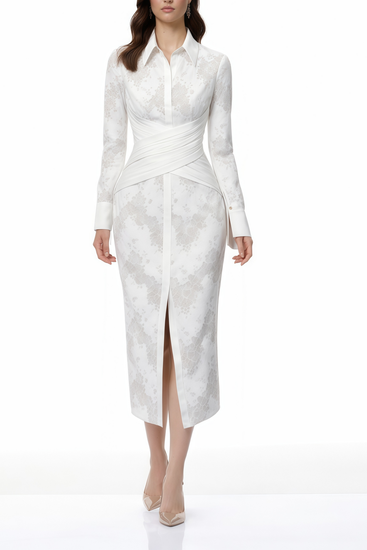 Yarden White Floral Lace Wrap Midi Dress