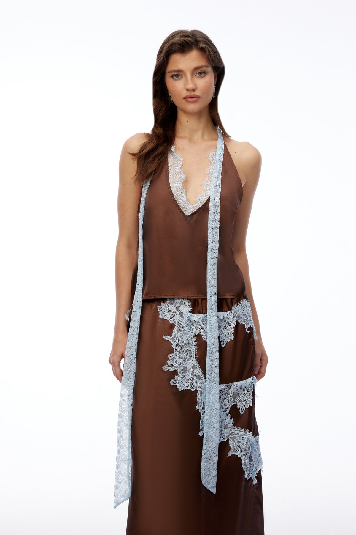 Zenobia Chocolate Brown V-Neck Top & Skirt Set with Lace Trim