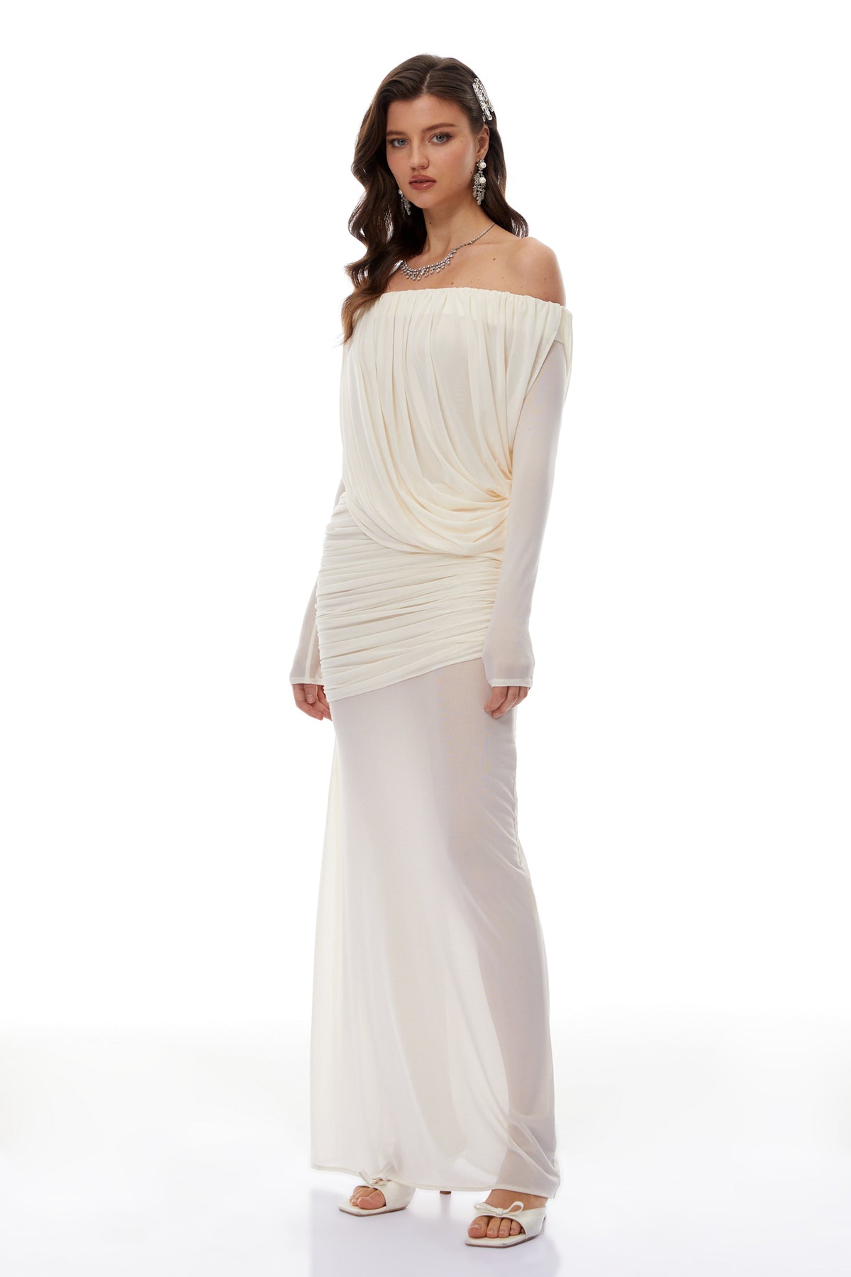 Zenobia White Asymmetrical Draped Mesh Maxi Dress