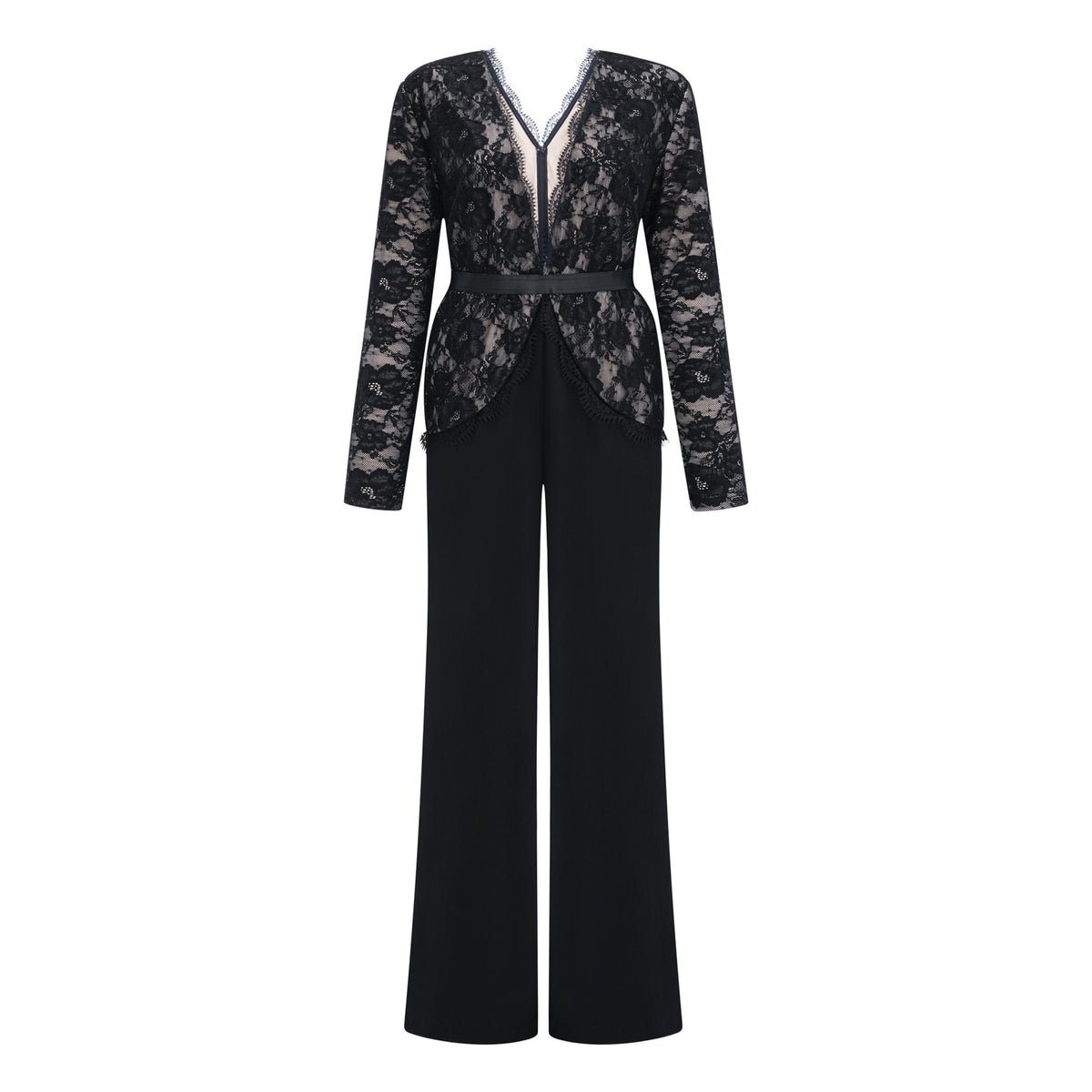 Zhadana Black Semi-Sheer Lace Panel Jumpsuit