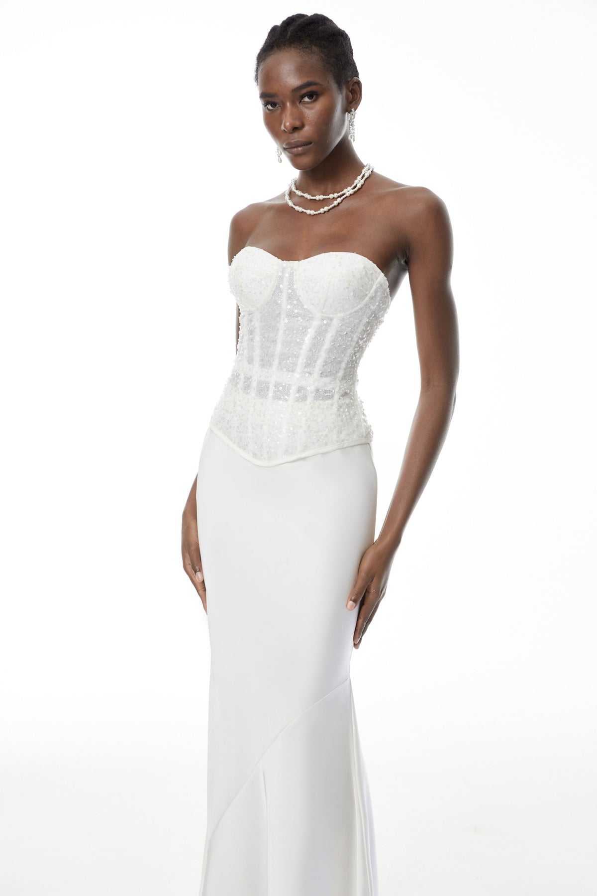 Zora White Sequin Corset Top & Satin Skirt Set (Final Sale)
