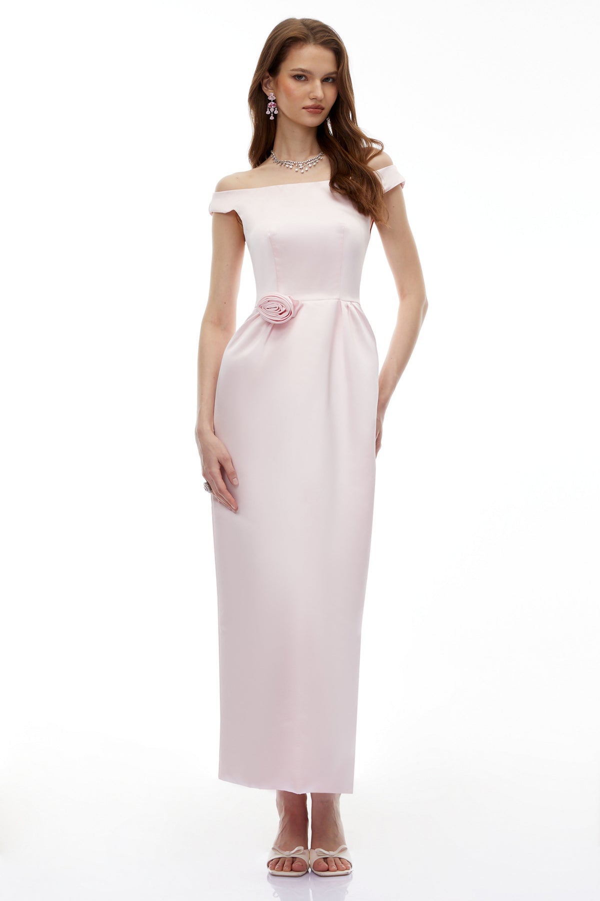 Zubayda Pink Off Shoulder Maxi Dress with 3D Petals