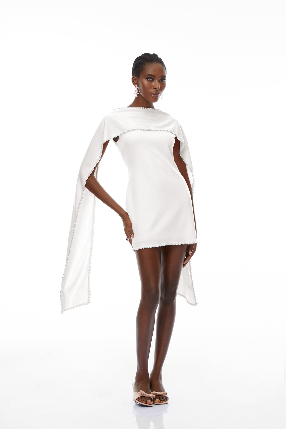 Piroska White Sleeveless Pearl Trim Mini Dress