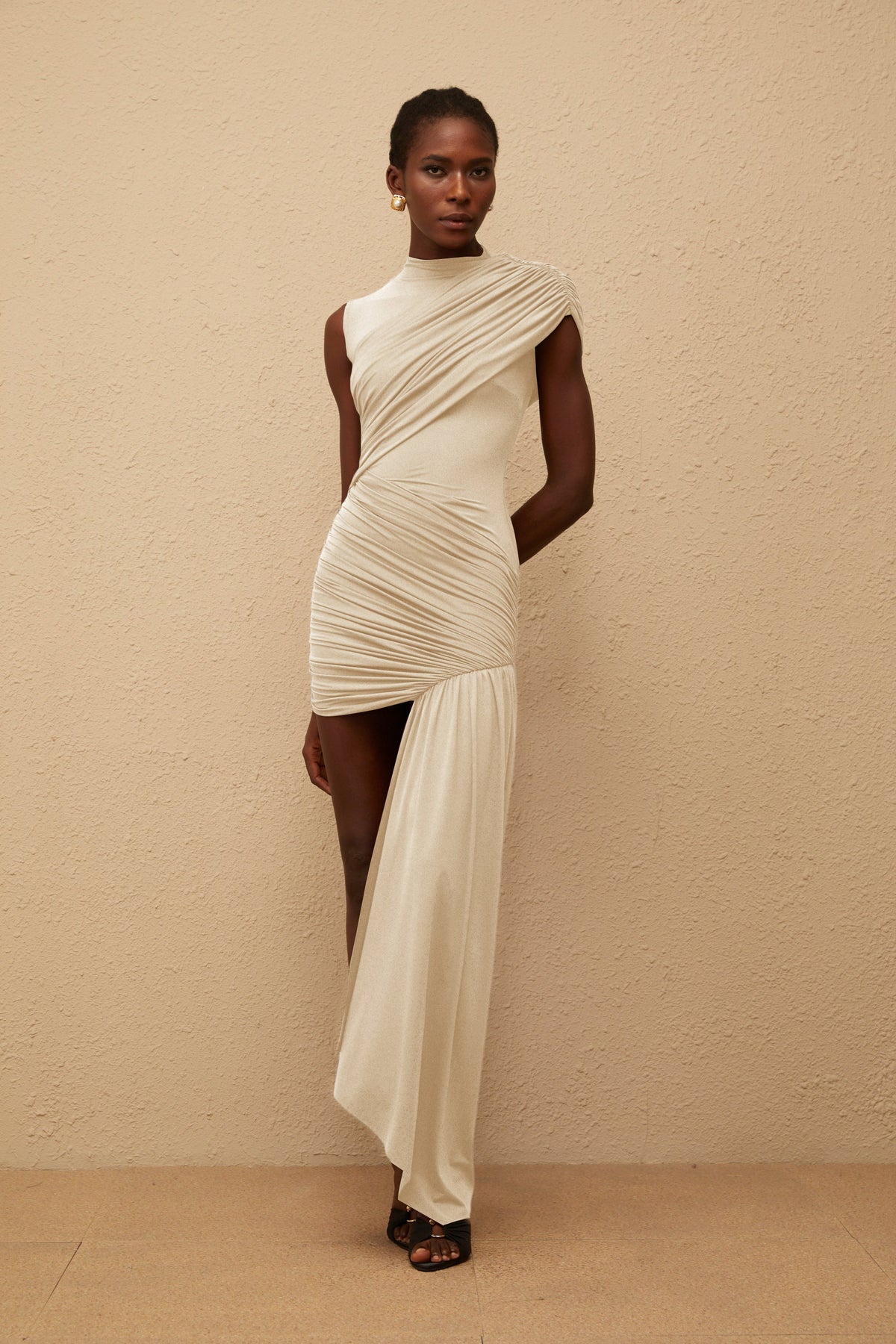 Fée Neutral Asymmetrical Ruched Mini Dress (Final Sale)