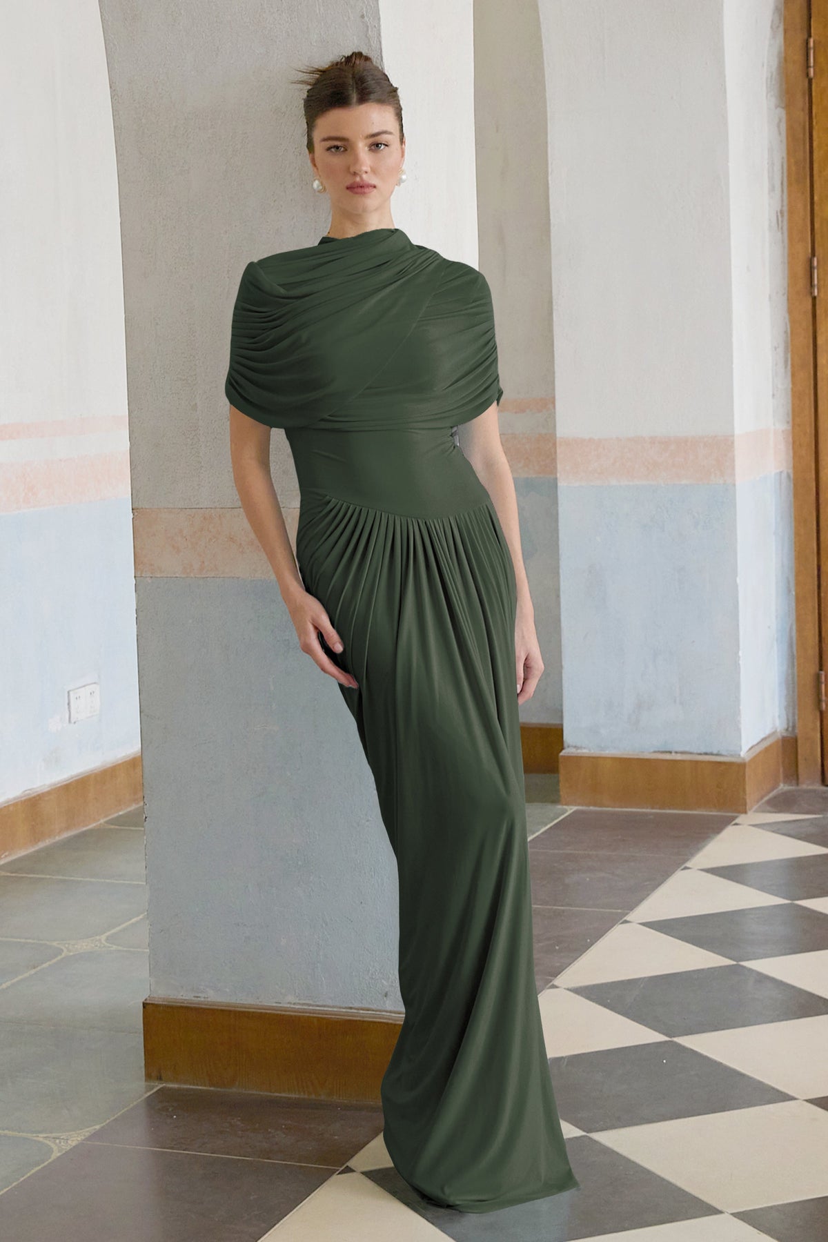 Catherine asymmetrical pleated maxi dress in Green