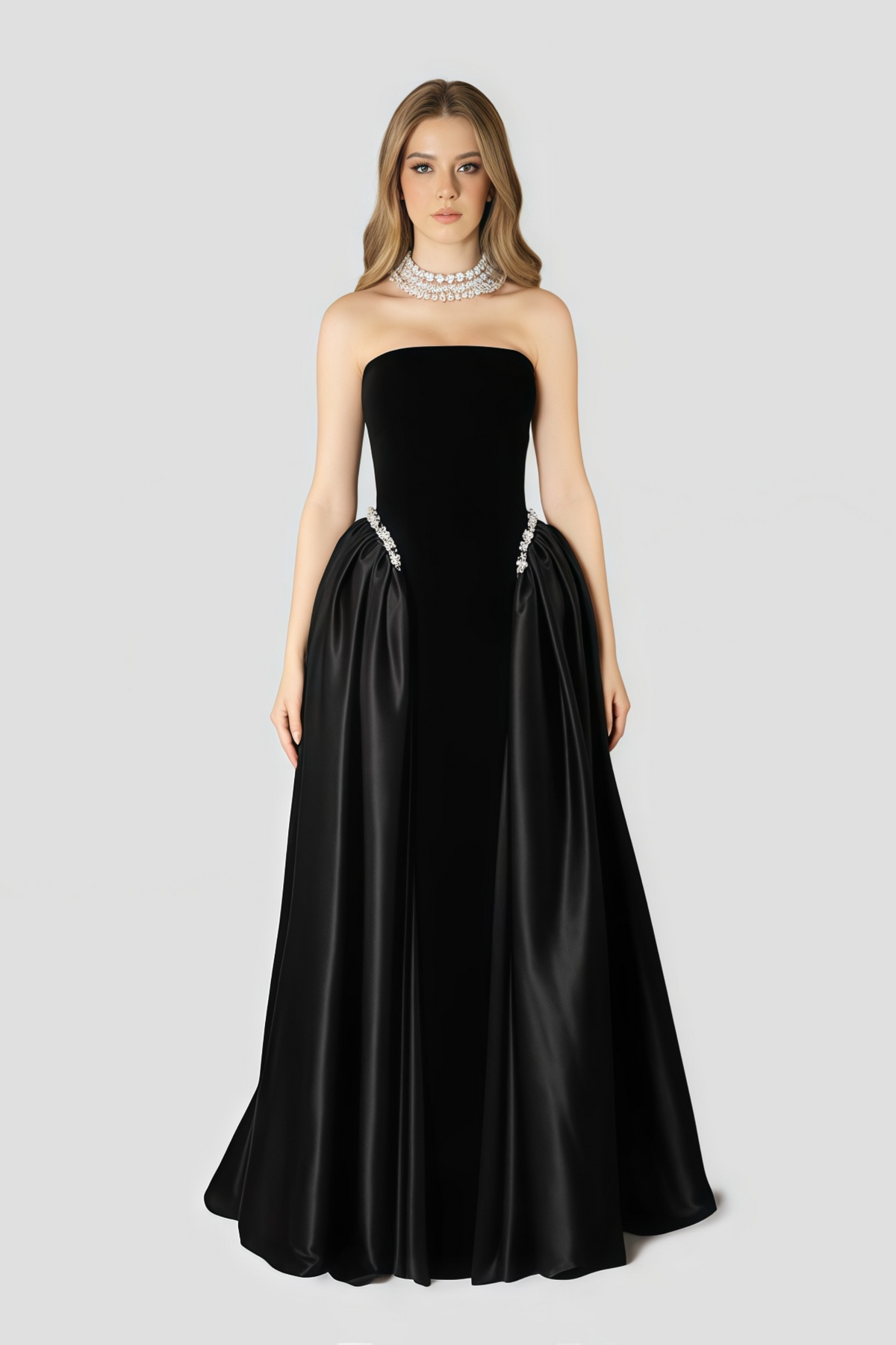 Raffaella Black Pearl Trim Velvet Maxi Gown