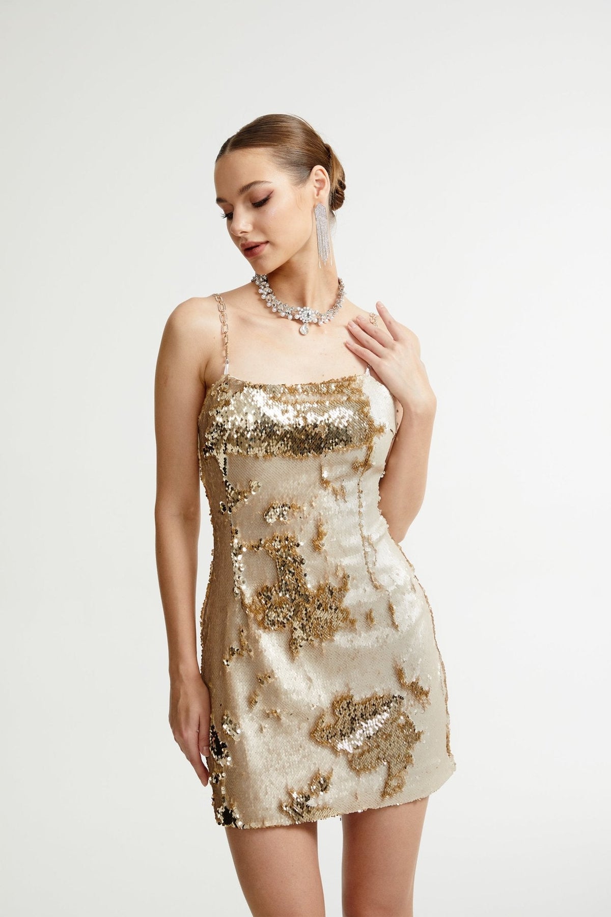 Arianwen gold reversible mini dress