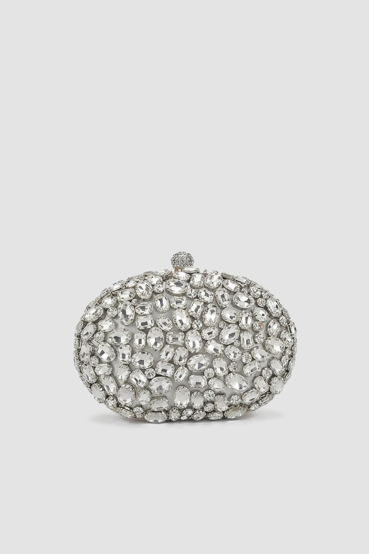 Crystal-Embellished Oval Clutch with All-Over Stone Finish – Silver