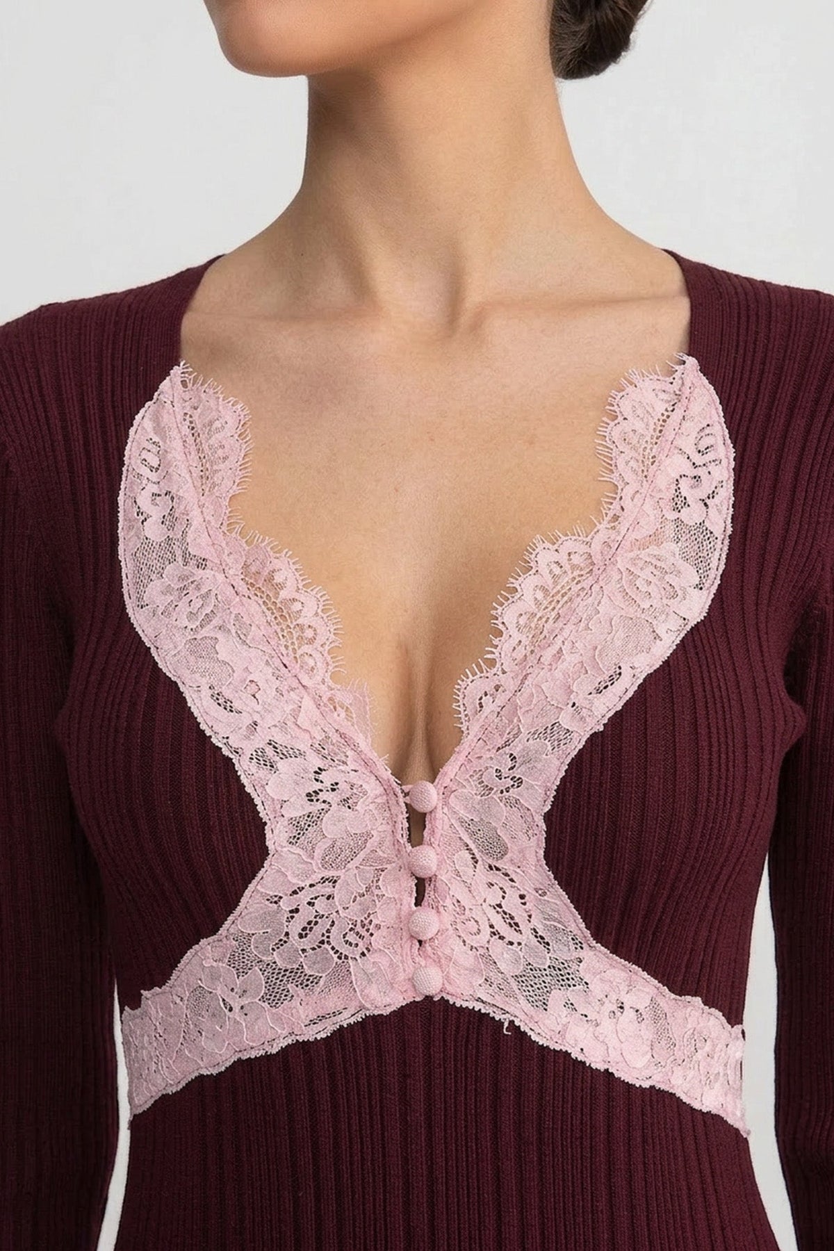 Ribbed Long Sleeve Midi Dress With Lace-Trim V-Neckline - Burgundy