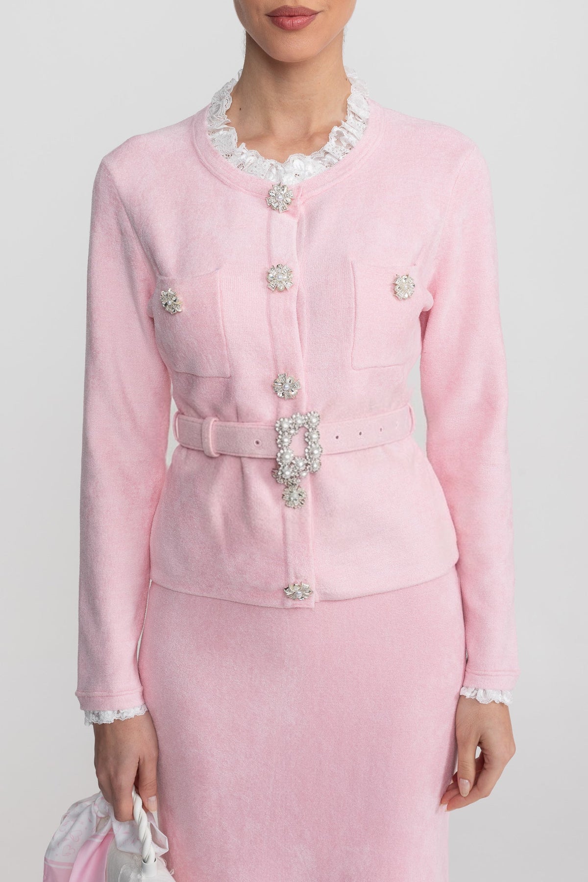 Long Sleeve Co-Ord With Fitted Knit Bodice And Crystal Button Detail - Blush Pink