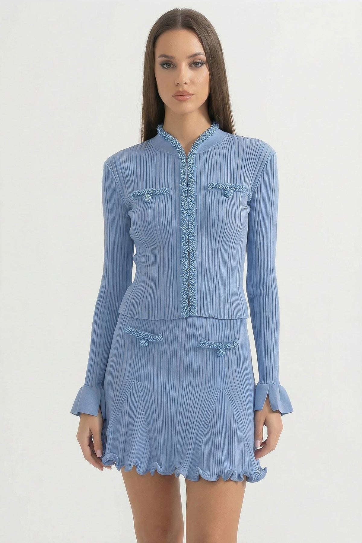 Ribbed Long Sleeve Set With Beaded Embellishments - Blue