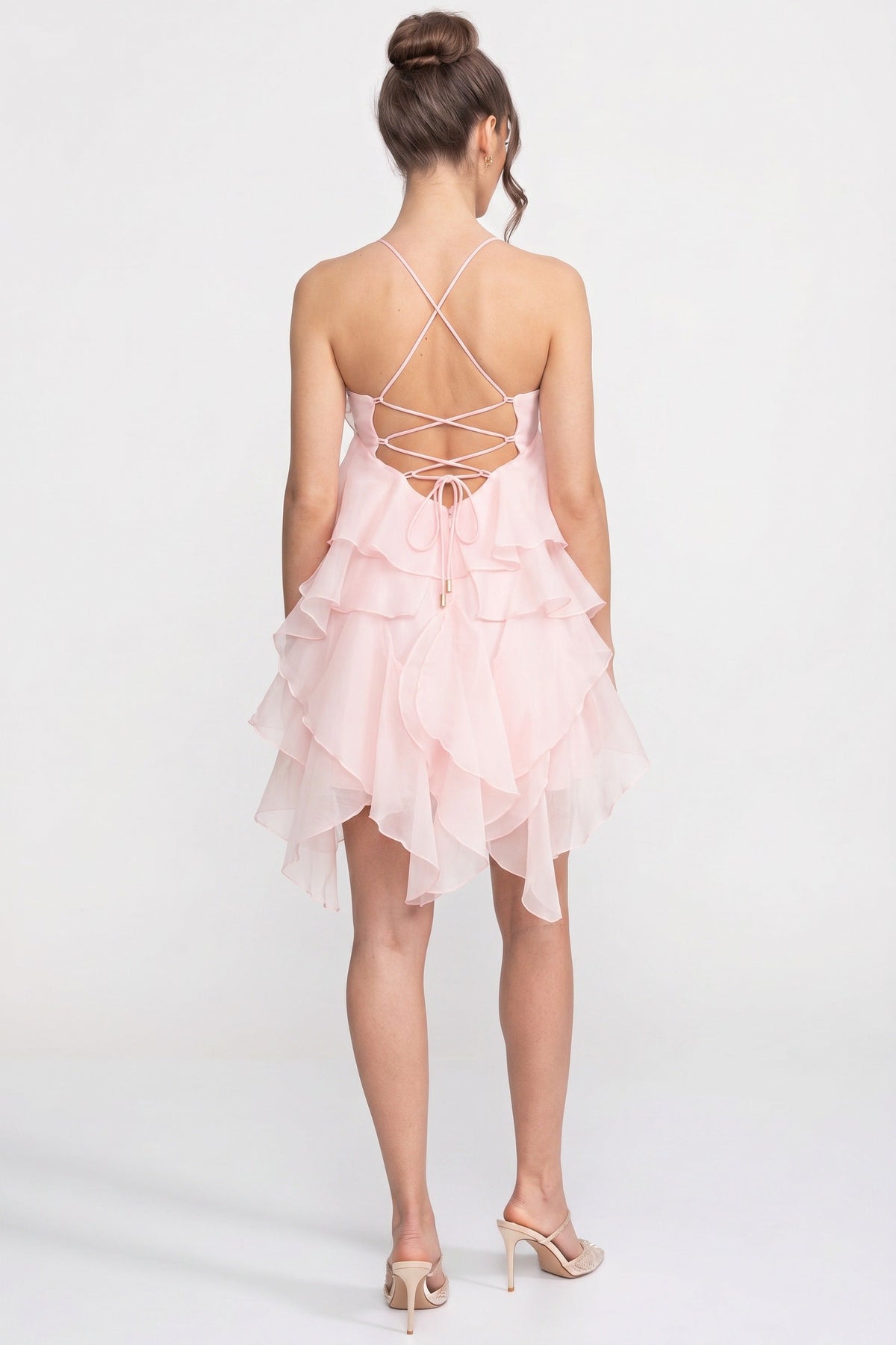 Tiered Ruffle Mini Dress With 3D Floral Halter Neck - Pink