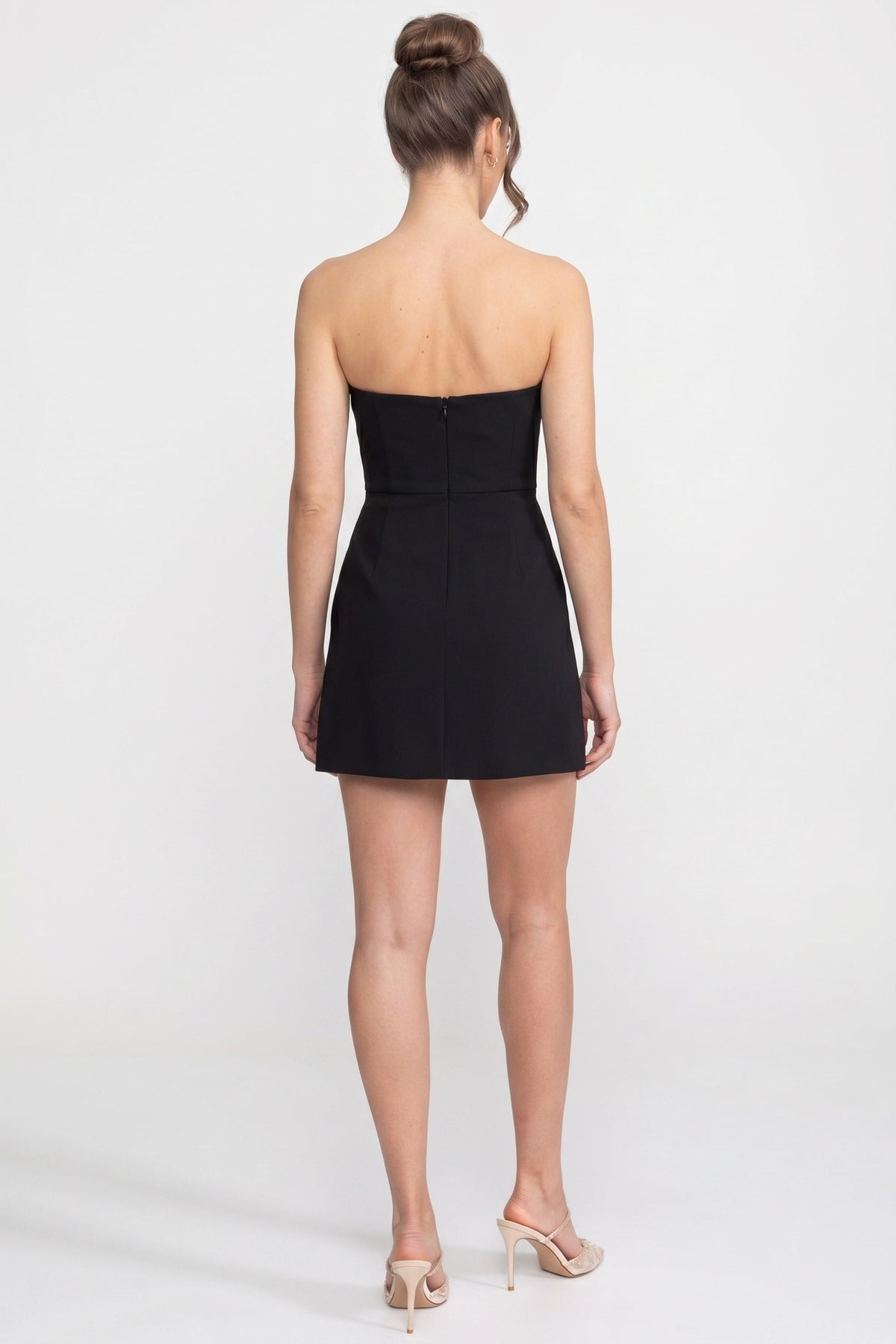 Strapless Mini Dress With 3D Iris Floral Appliqué - Black