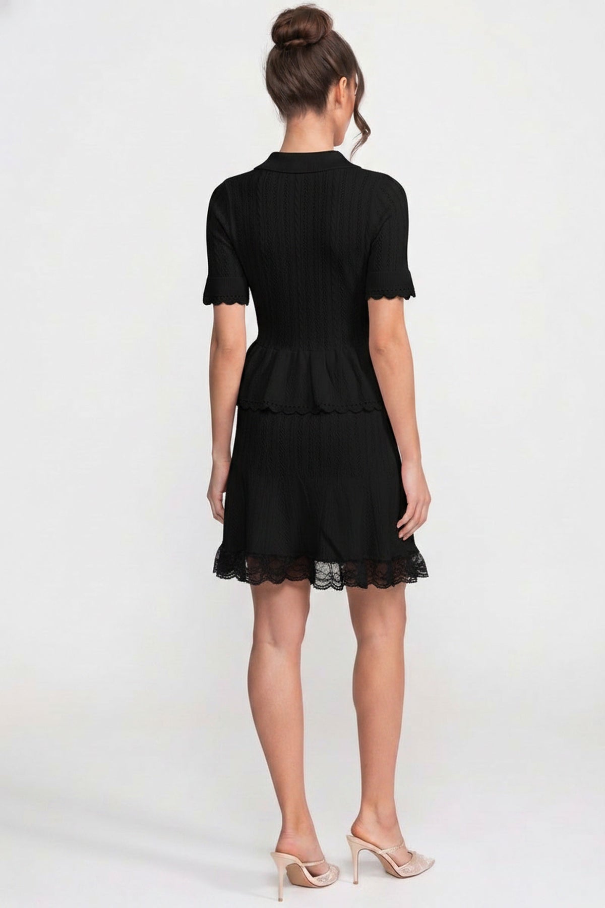 Polo-Collar Mini Dress With Button Top, Peplum Waist And Lace Hem - Black
