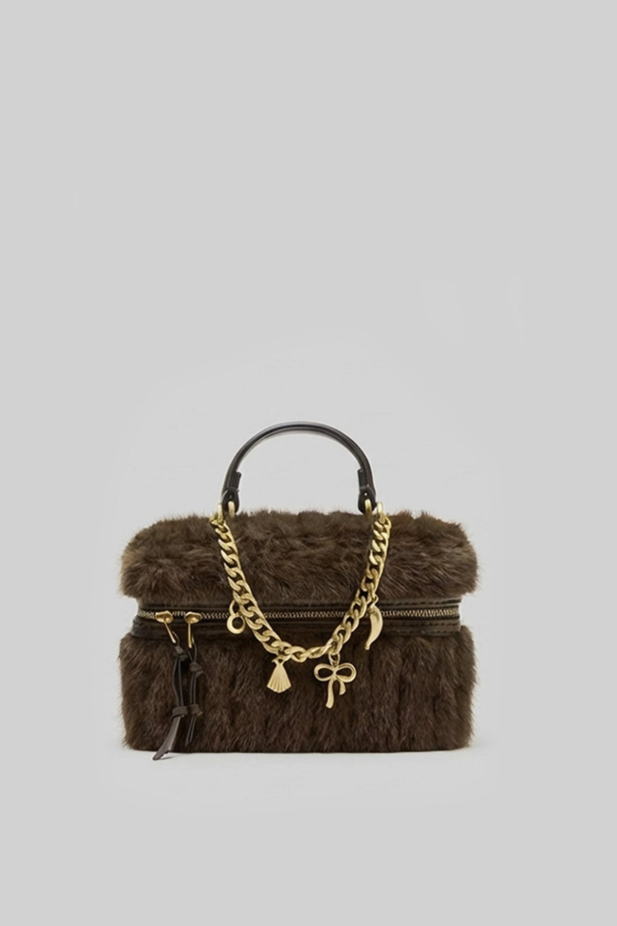 Faux Fur Top-Handle Bag with Decorative Chain – Brown