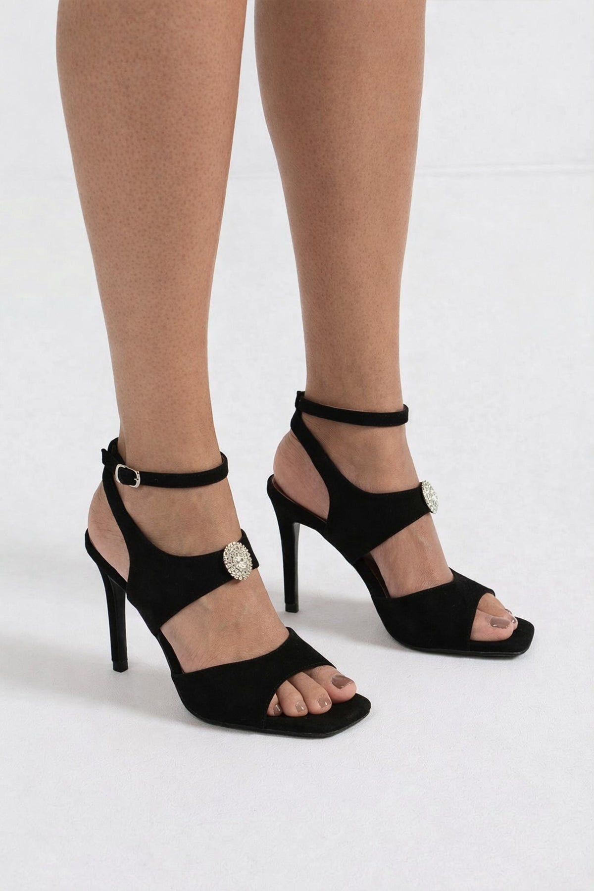 Suede High Heel Sandals With Crystal Embellished Detail - Black