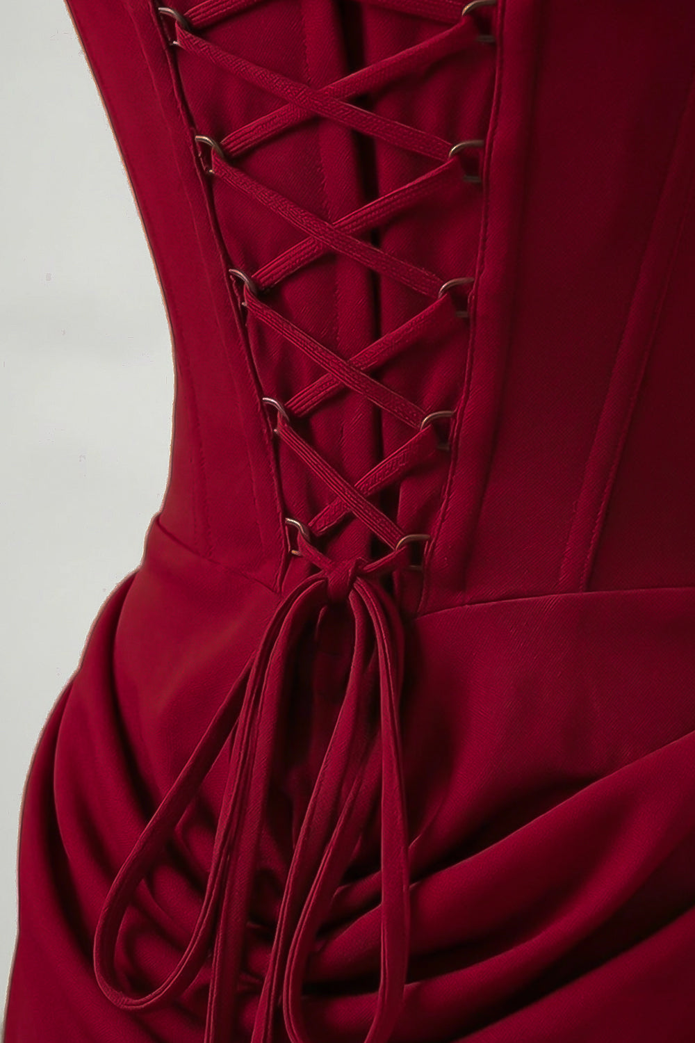 Corset Maxi Dress with Draped Hip Detail – Burgundy