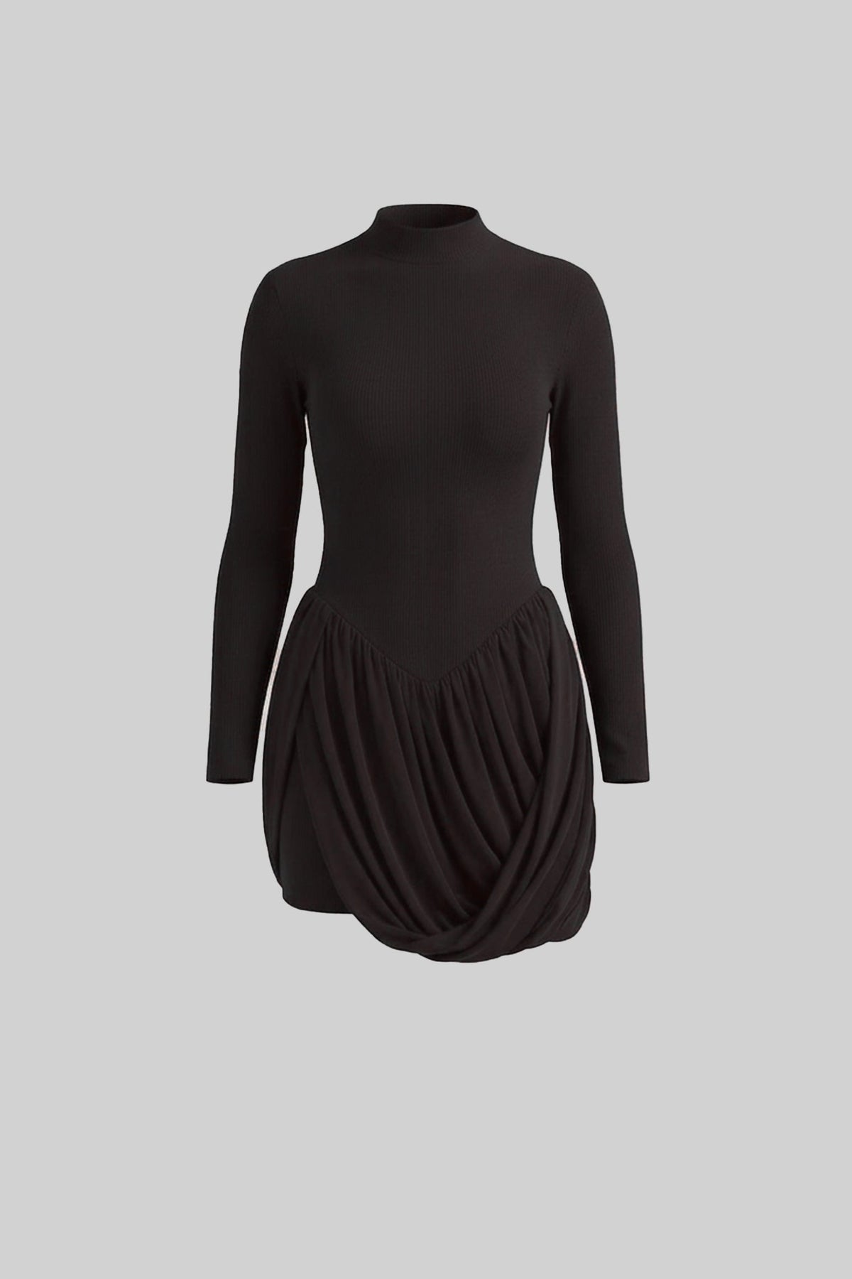 Long Sleeve Mini Dress With Draped Bubble Skirt - Black