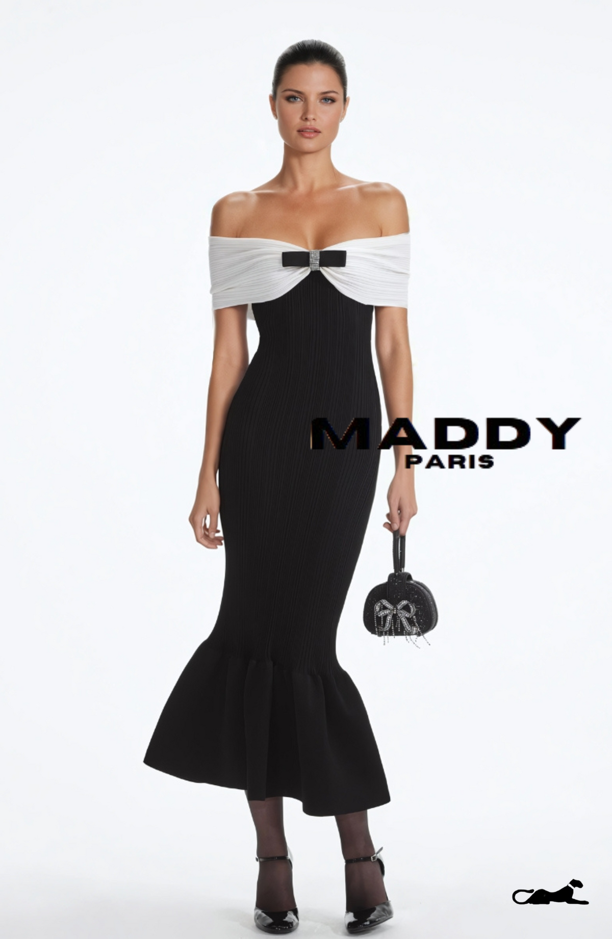 ALESSANDRA BOW CREPE KNIT OFF-SHOULDER MIDI DRESS - BLACK & WHITE