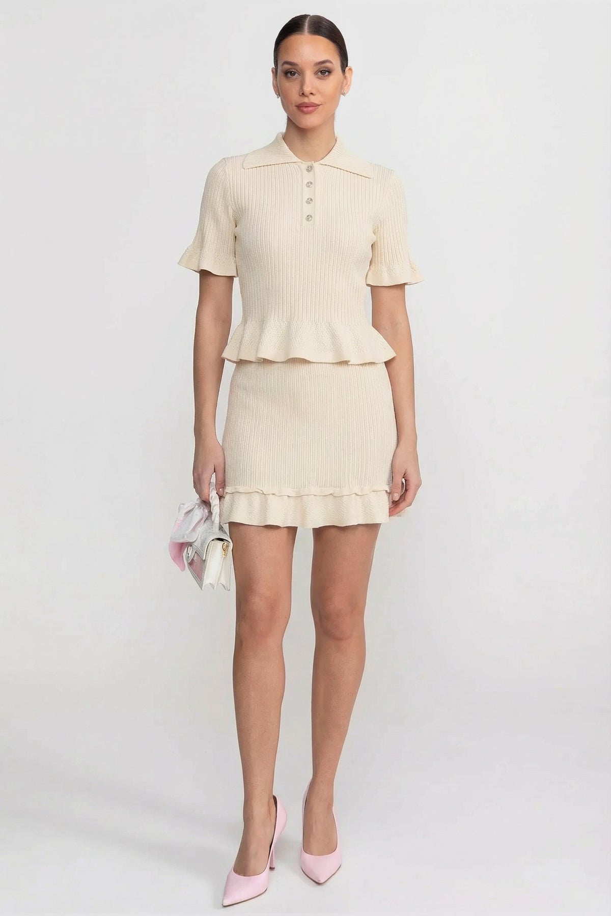 Ribbed Knit Polo Co-ord Set With Ruffled Hem - Beige