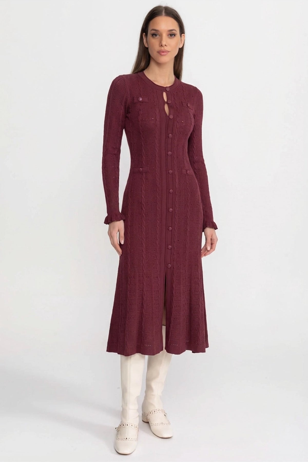 Knit Button-Front Midi Dress with Pointelle Detailing – Burgundy