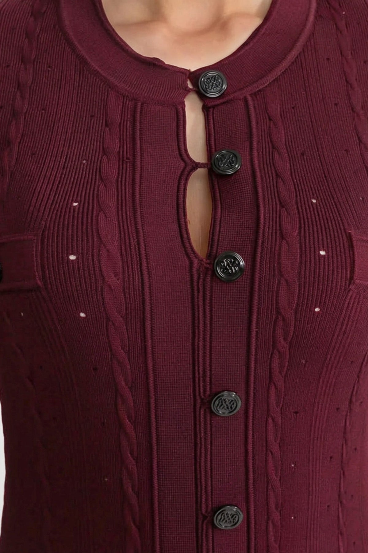 Knit Button-Front Midi Dress with Pointelle Detailing – Burgundy