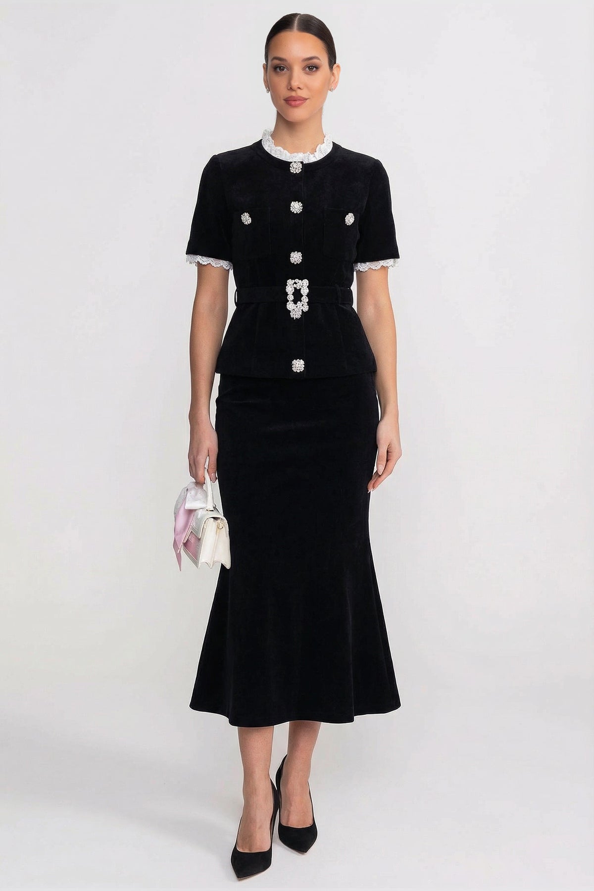Short Sleeve Co-Ord With Peplum Waist And Crystal Button Belt - Black