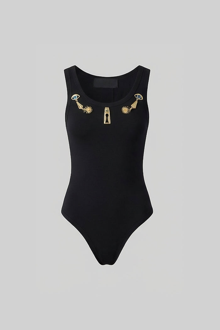 Embellished Scoop-Neck Bodysuit with Gold Charms – Black