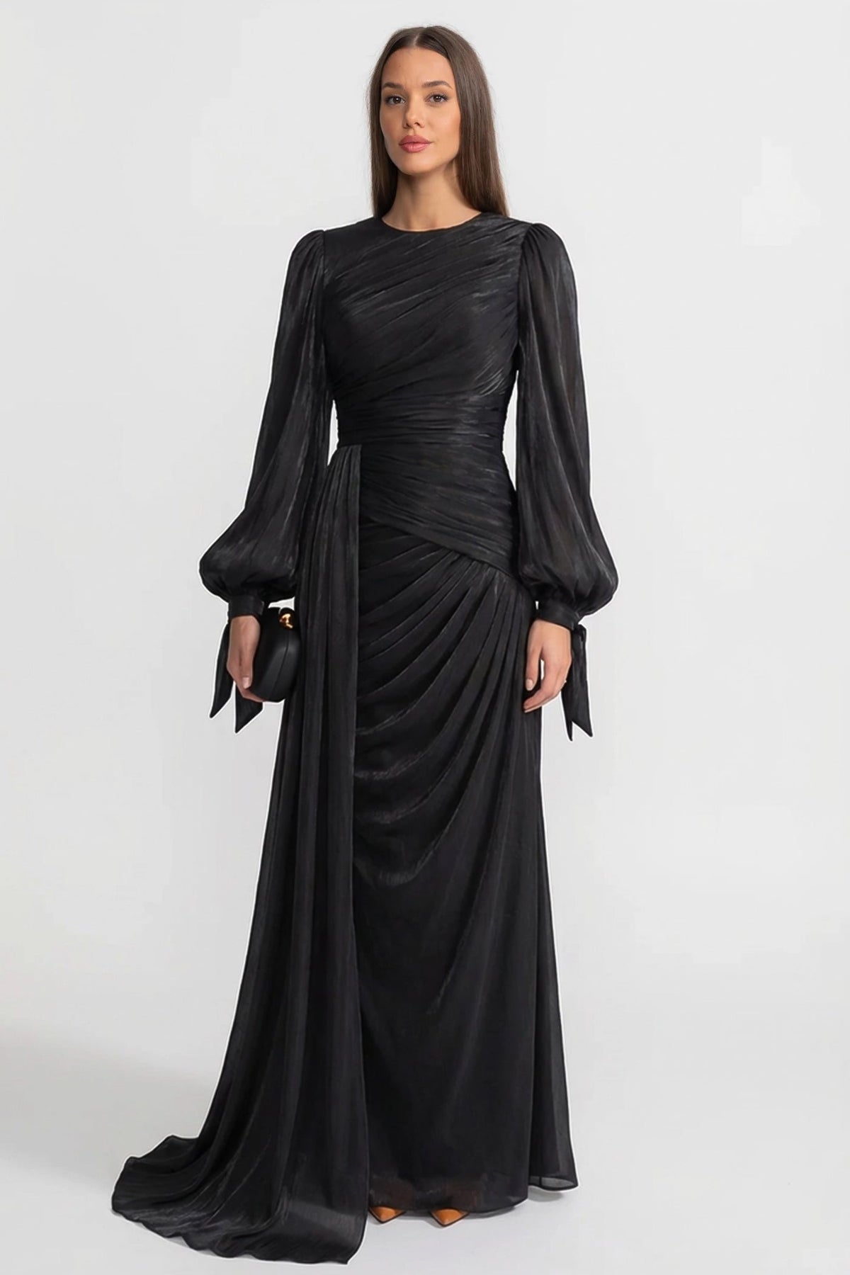 Draped Long-Sleeve Maxi Dress with Gathered Waist – Black