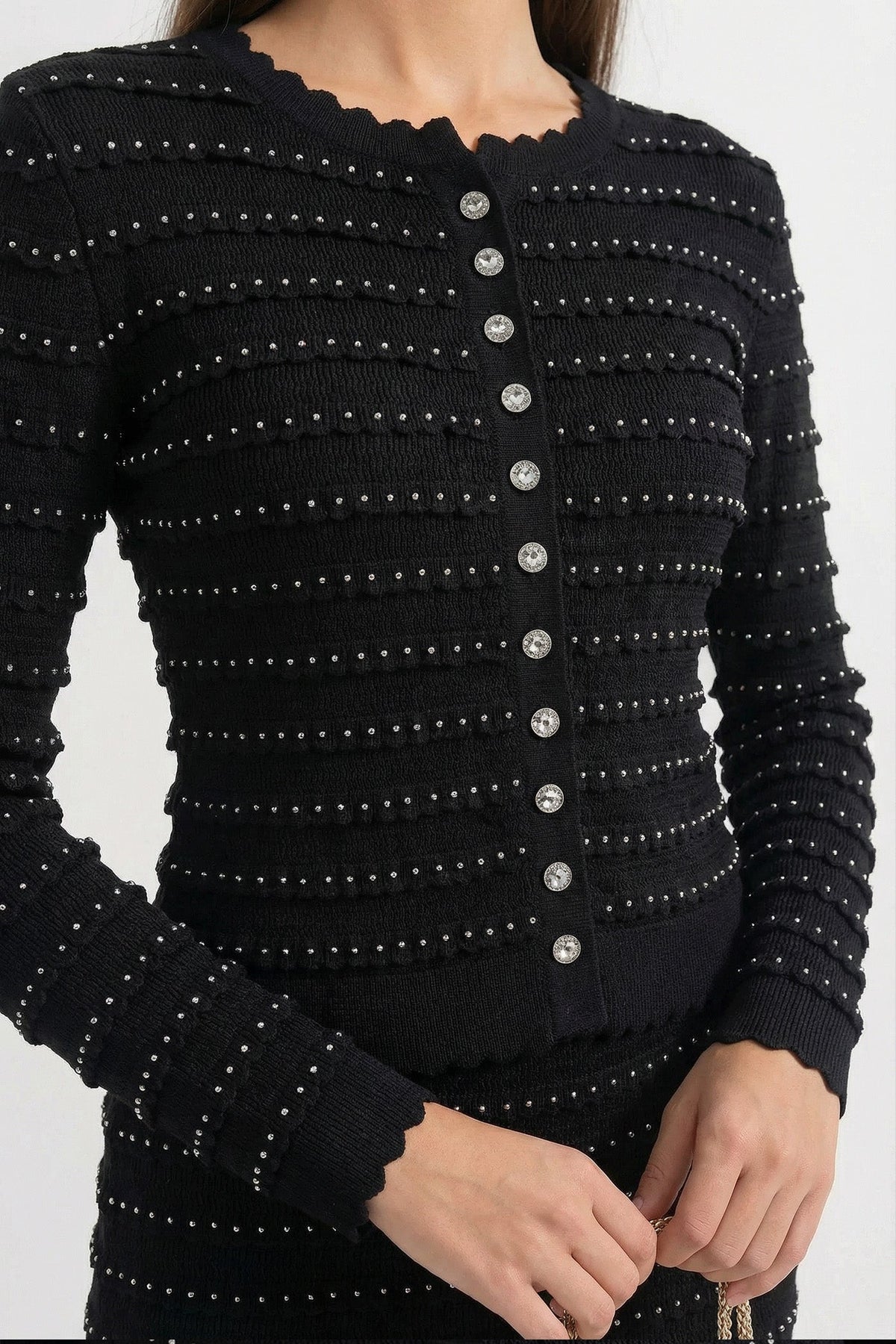 Knit Co-Ord Set With Pointelle Stripe Texture And Sparkling Embellishments - Black