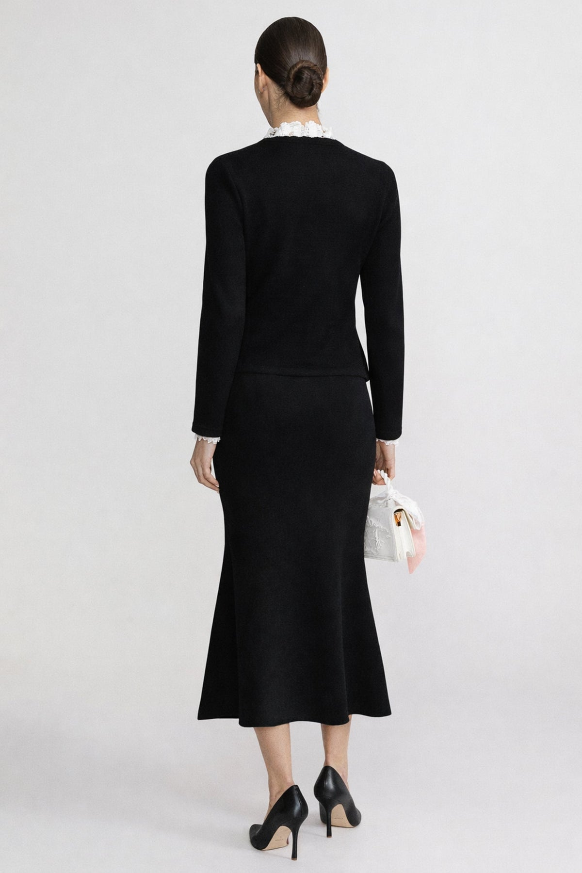 Long Sleeve Co-Ord With Fitted Knit Bodice And Crystal Button Detail - Black