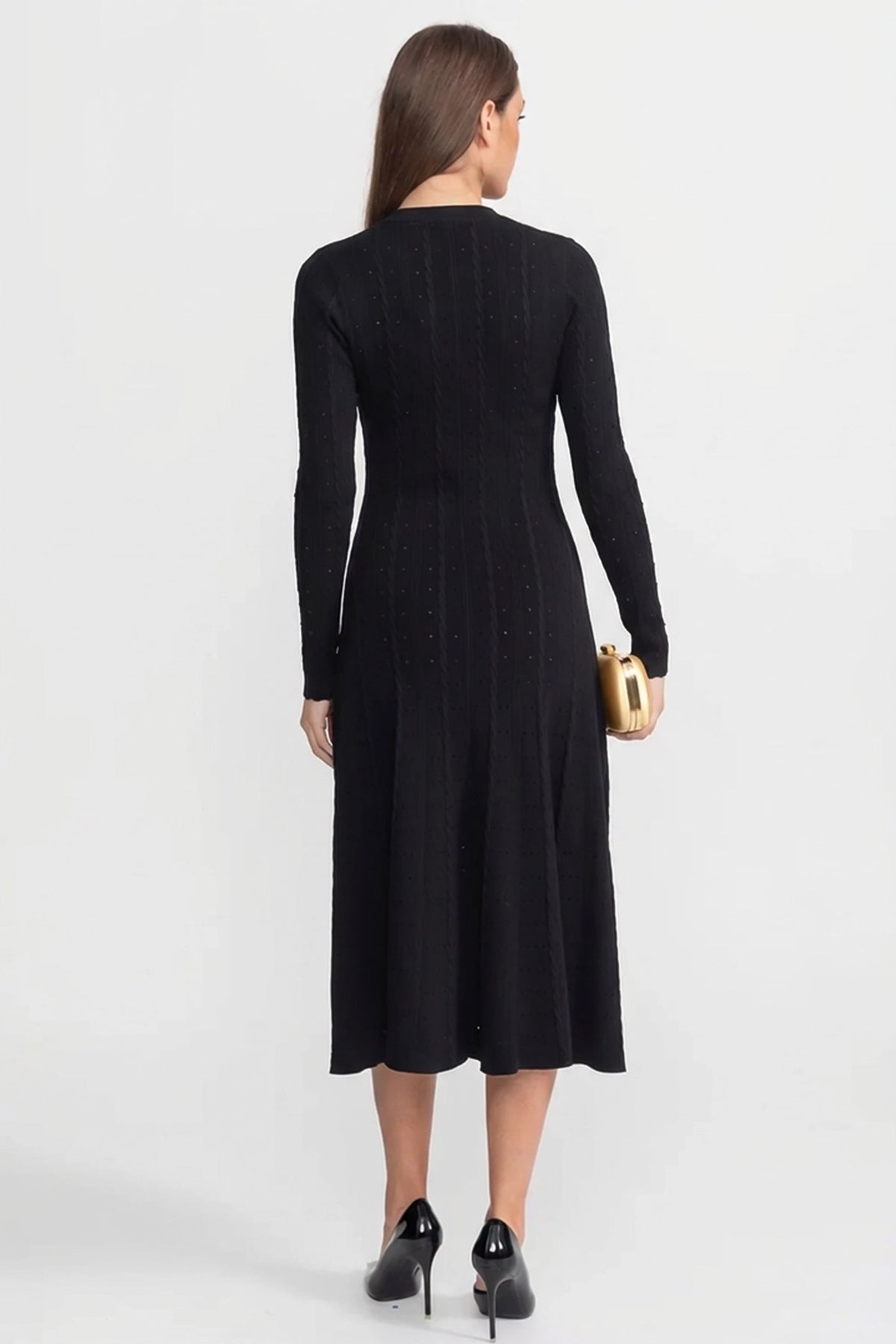 Knit Button-Front Midi Dress with Pointelle Detailing – Black