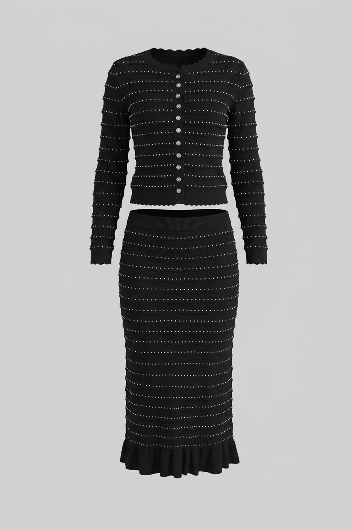 Knit Co-Ord Set With Pointelle Stripe Texture And Sparkling Embellishments - Black