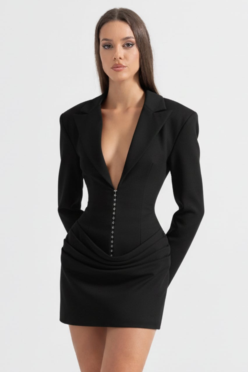 Draped Blazer Mini Dress With Deep Neckline – Black