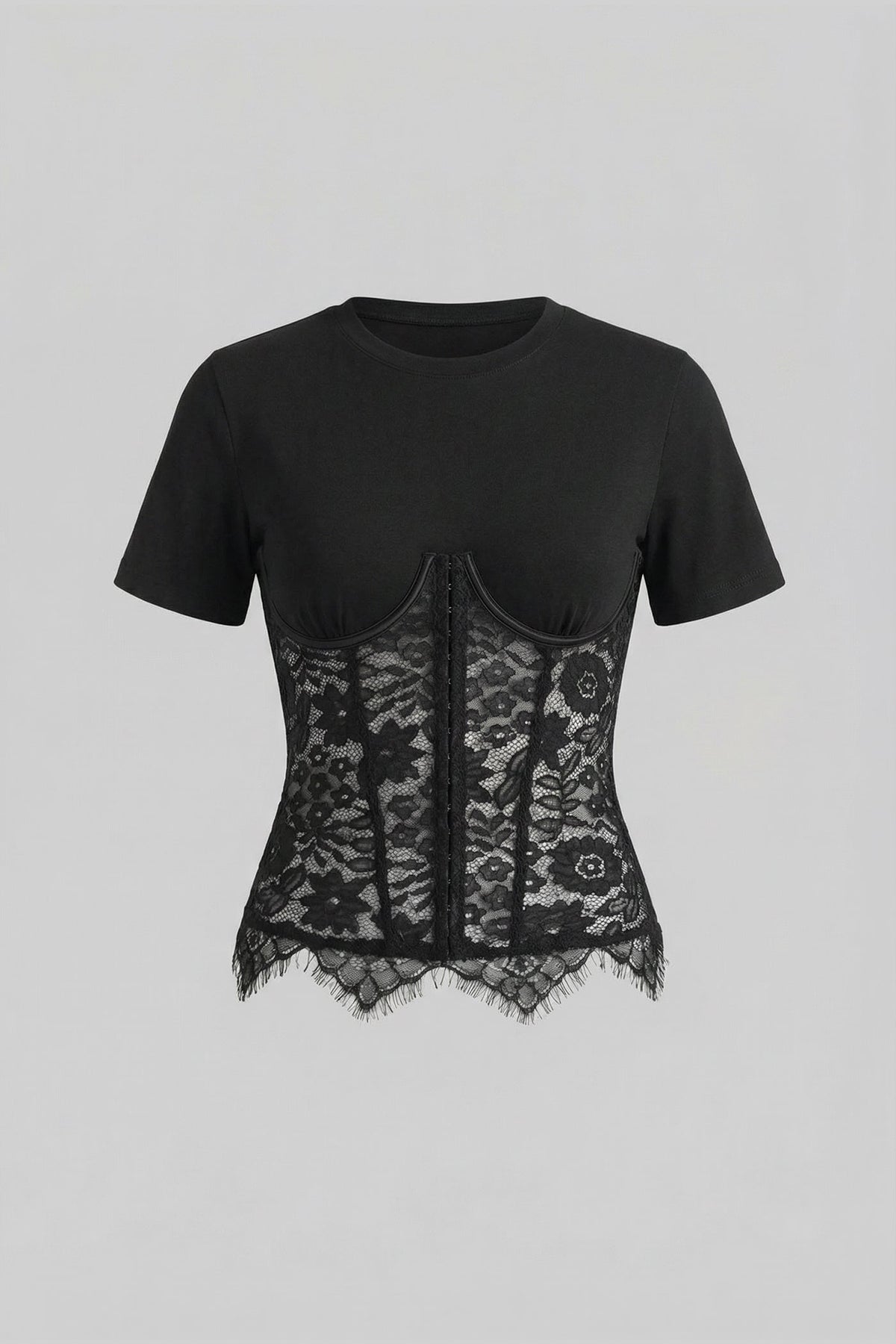 Short Sleeve Top With Lace Corset Overlay - Black