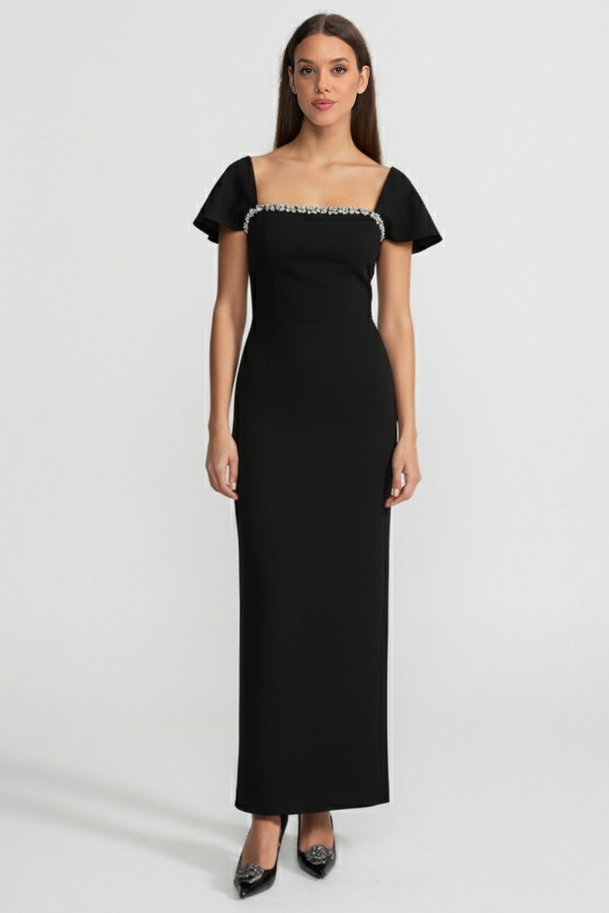 Off-Shoulder Fitted Gown With Crystal Embellishments  – Black