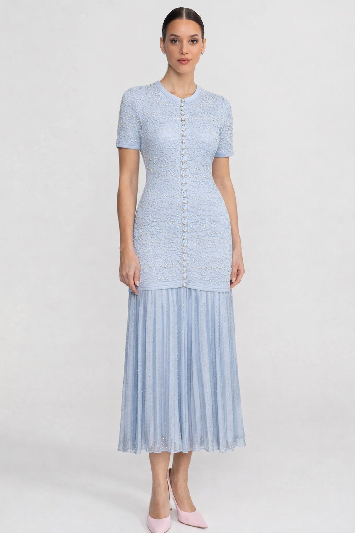 Short Sleeve Midi Dress With Pearl Embellishments - Powder Blue