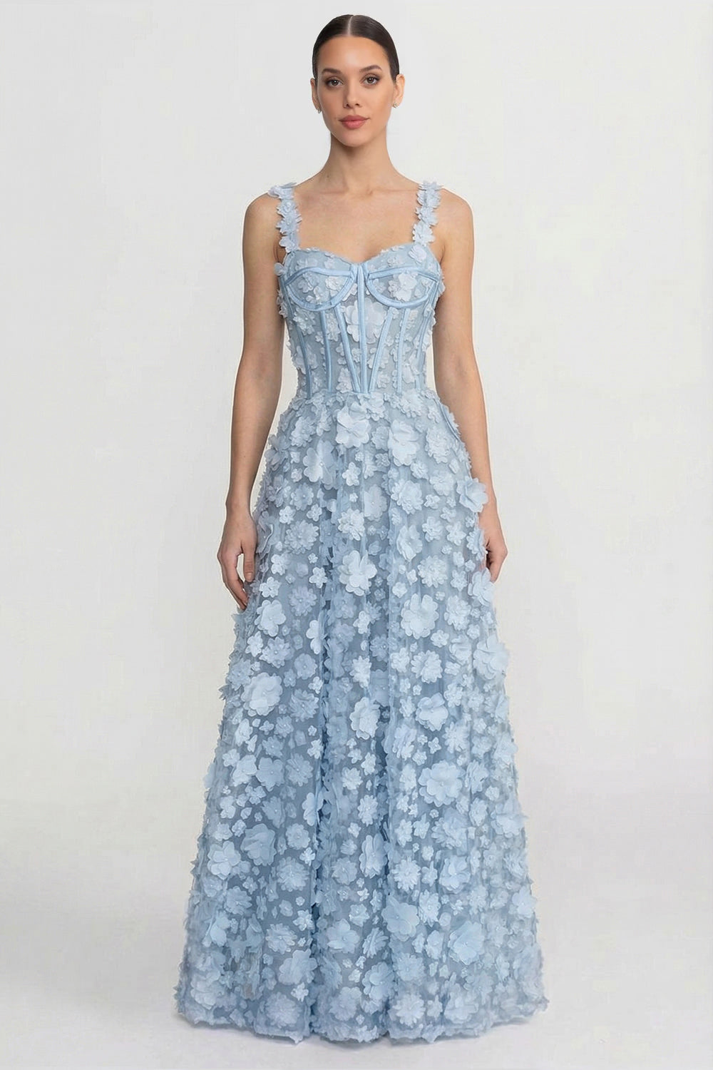Floral Appliqué Maxi Dress With Corset Bodice - Blue