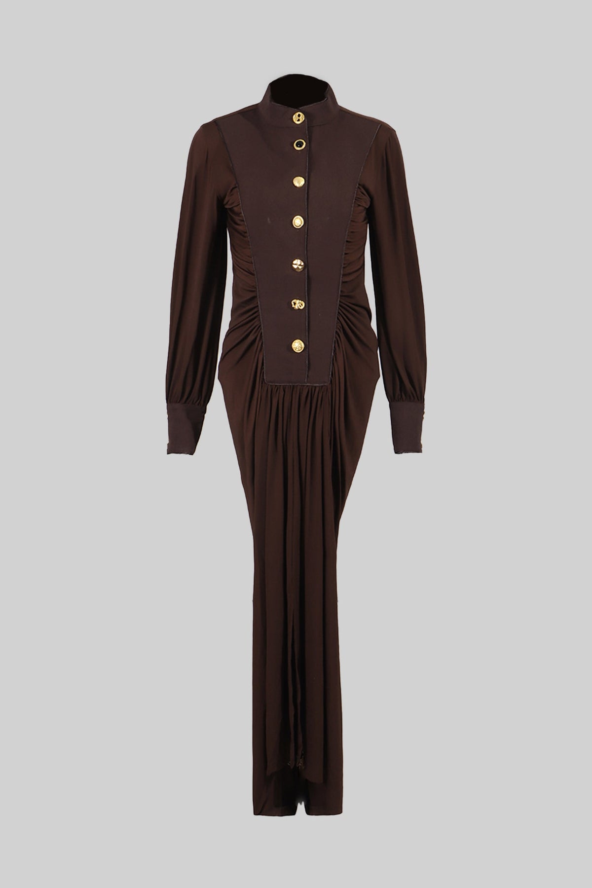 Velvet Maxi Dress with Gold Statement Buttons - Brown