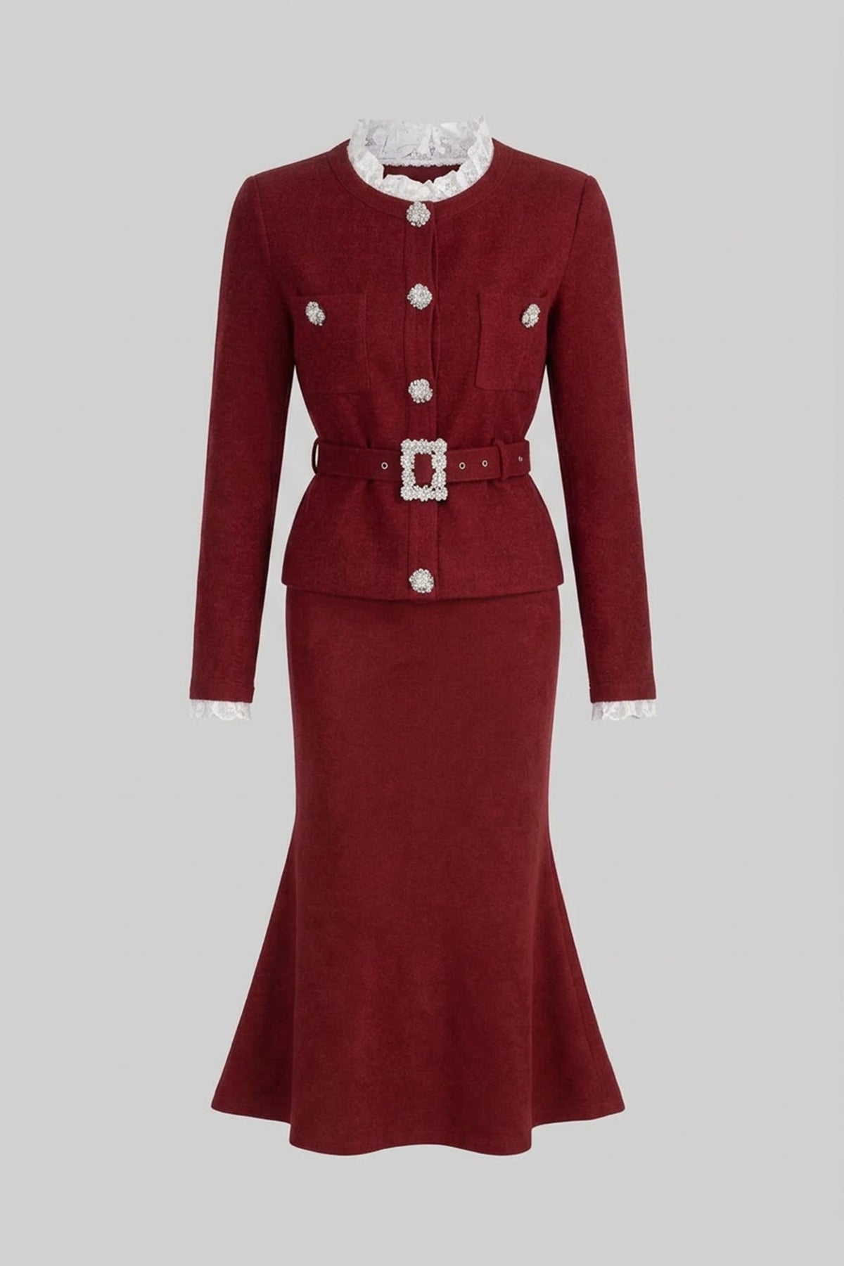 Long Sleeve Co-Ord With Fitted Knit Bodice And Crystal Button Detail - Burgundy