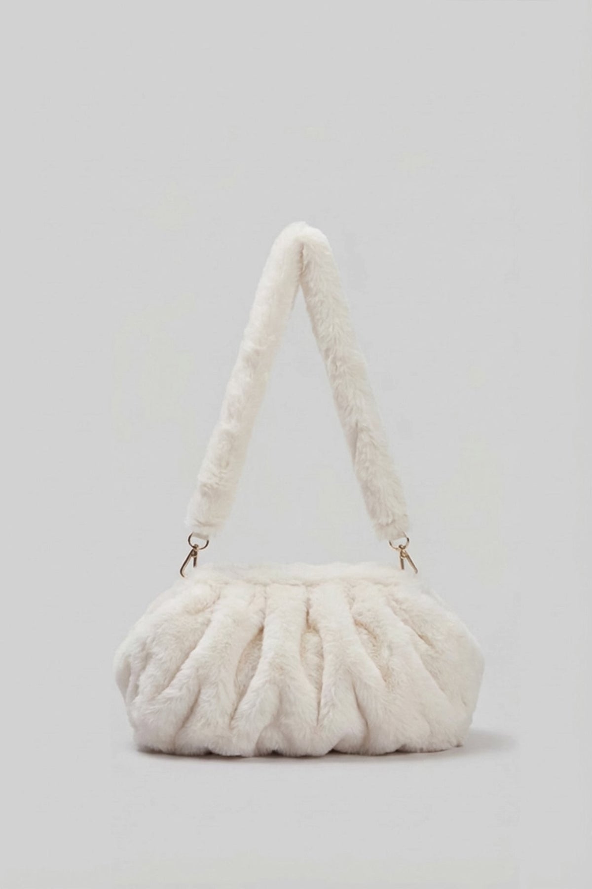 Faux Fur Shoulder Bag with Ruched Design – White