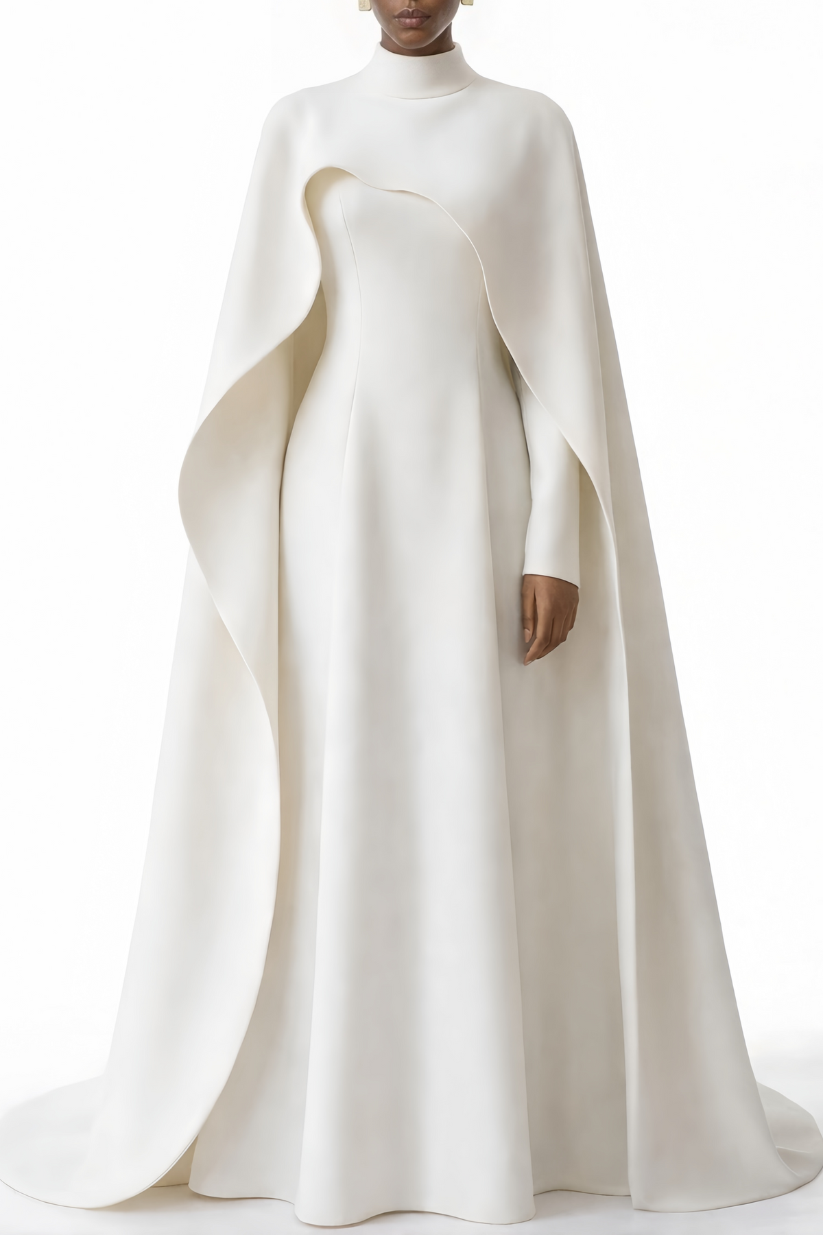 Antonina White Cape Maxi Gown with Long Sleeves