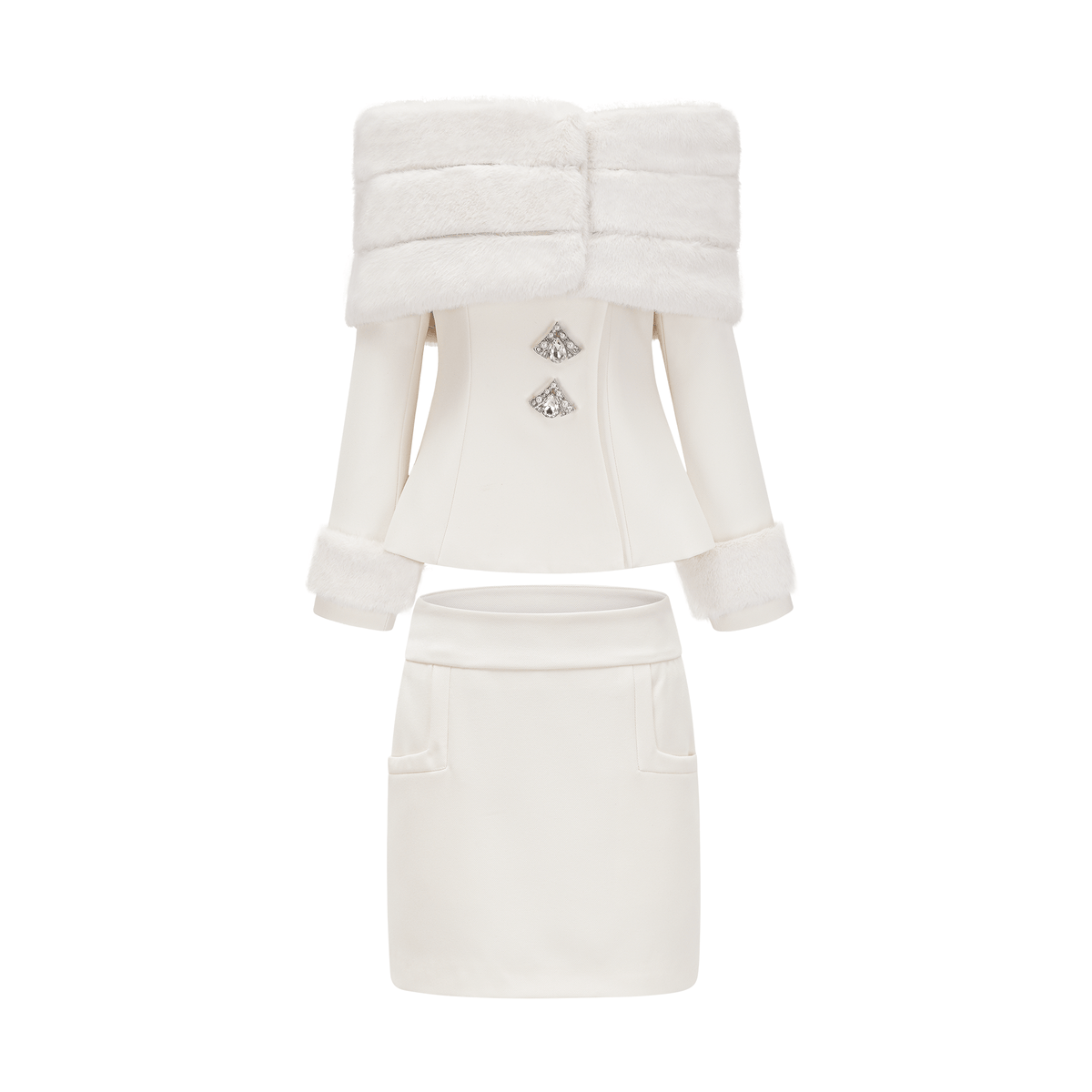 Caitlin white faux-fur jacket & skirt matching set
