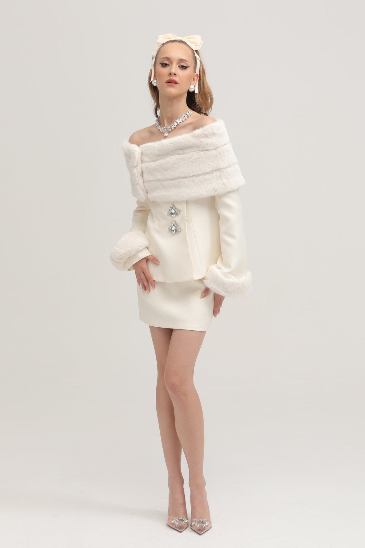 Caitlin white faux-fur jacket & skirt matching set