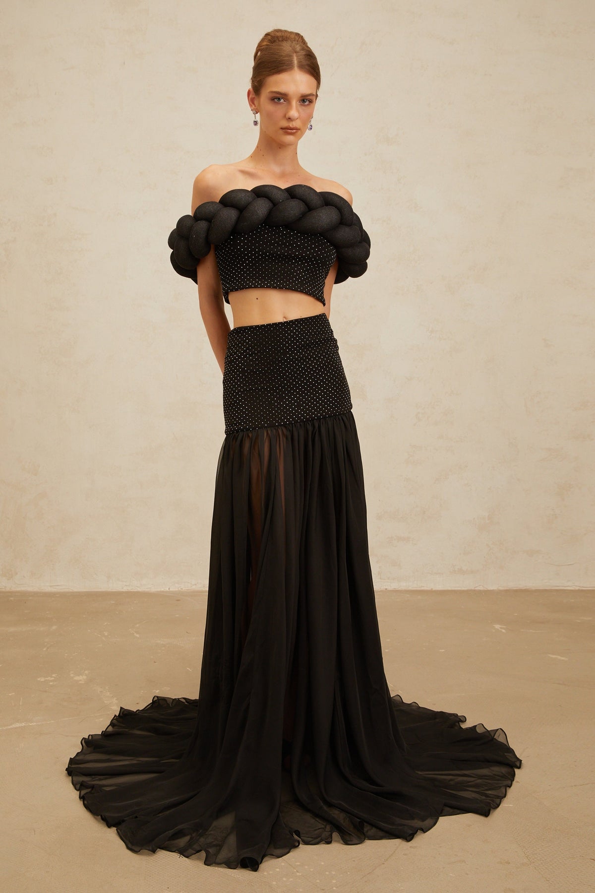 Camille Black Braid-Detail Rhinestone Embellished Crop Top