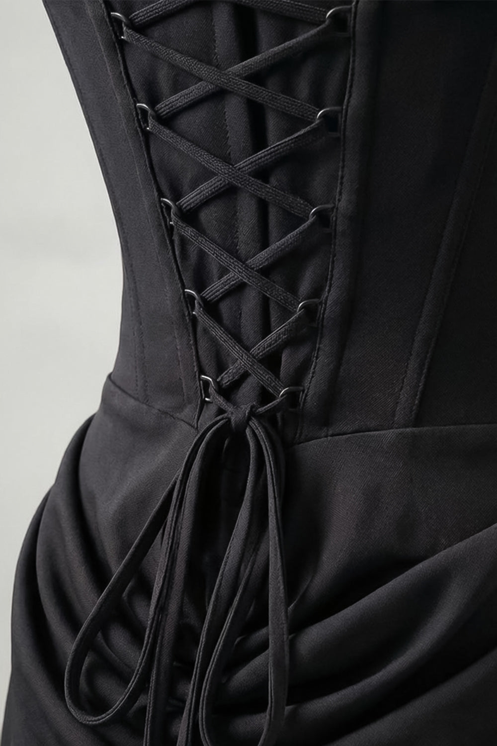 Corset Maxi Dress with Draped Hip Detail – Black