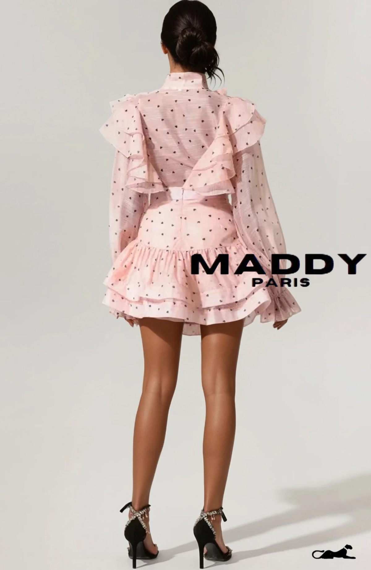 Sahara Rufflede Dot Printed Bowknot Top And Skirt Two-Piece Set - Pink