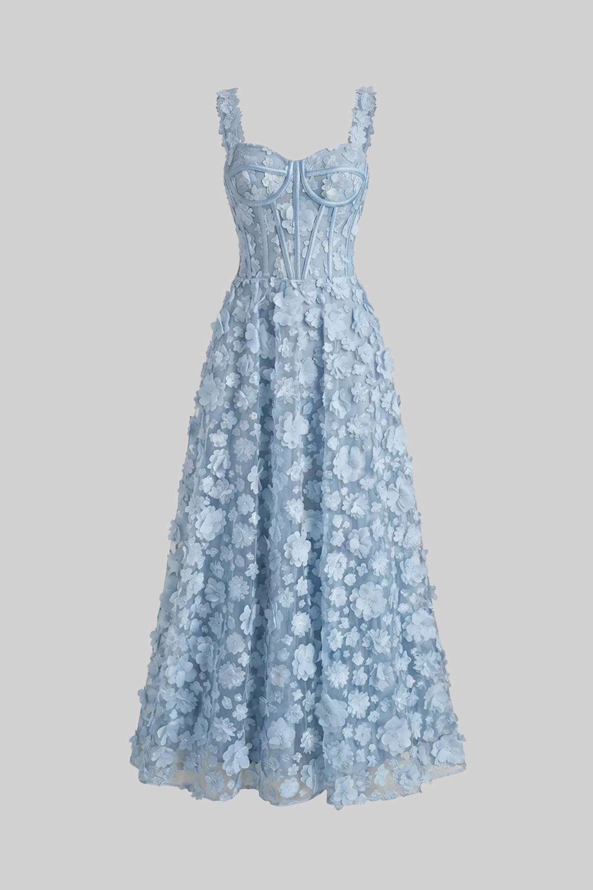 Floral Appliqué Maxi Dress With Corset Bodice - Blue